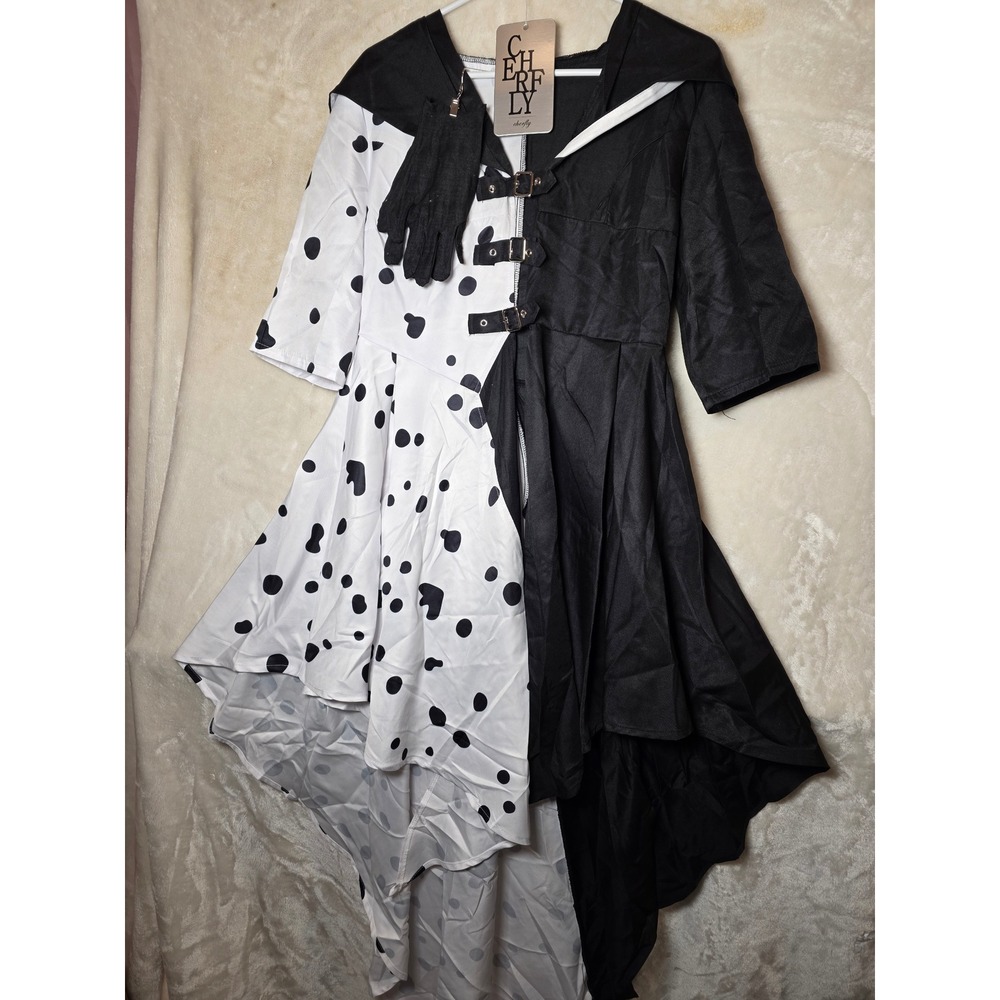 Cherfly Cruella De Vil Costume Dress Women Medium Black White Dalmatian Cosplay